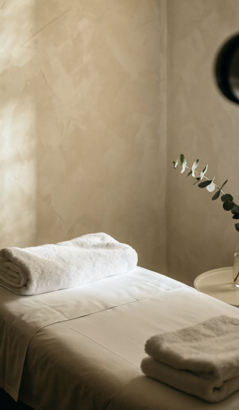 Treatment room with white linens and eucalyptus